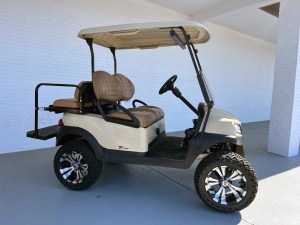 Beige Club Car Tempo Lifted Electric Golf Cart 03